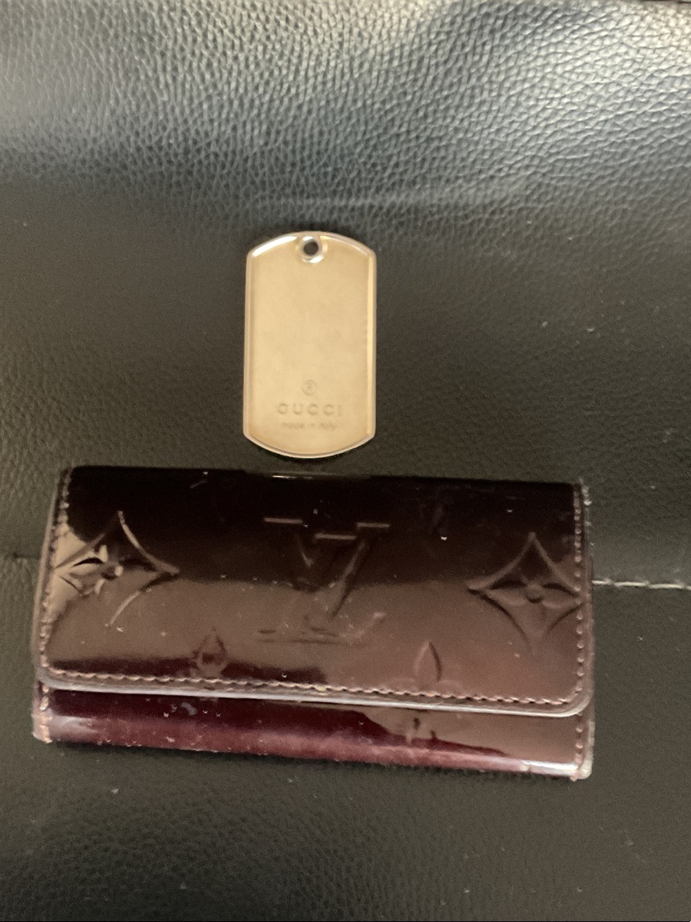 Louis Vuitton Patent Monogram Key in Deep Burgundy and Gucci necklace pendant